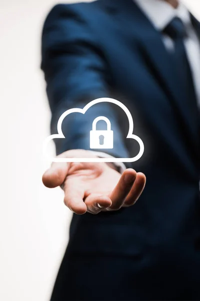 Cropped View Businessman Suit Outstretched Hand Cloud Padlock White — Stock Photo, Image