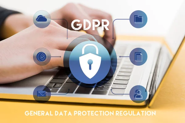 Primer Plano Hacker Utilizando Ordenador Portátil Cerca Letras Gdpr Blanco — Foto de Stock