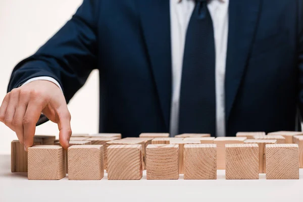Cropped View Businessman Taking Wooden Cubes Isolated White — Stock Photo, Image