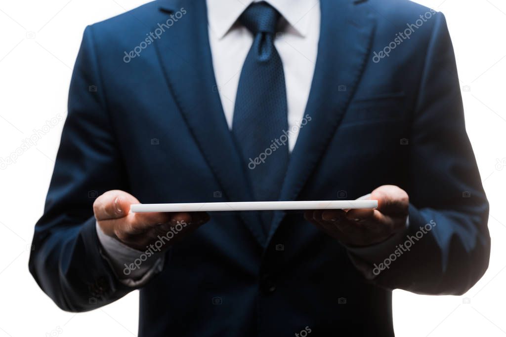 cropped view of businessman in suit holding digital tablet isolated on white 