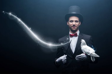happy magician in hat making abracadabra with dove and wand in dark room with smoke and glowing illustration clipart