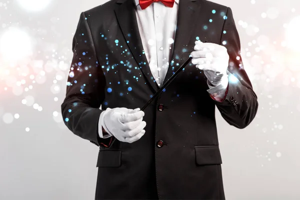 Cropped View Magician Suit Hat Holding Wand Isolated Grey Glowing — Stock Photo, Image