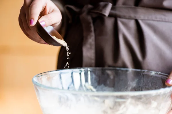 Cropped View Young Woman Adding Brown Sugar Bowl — Stock Photo, Image
