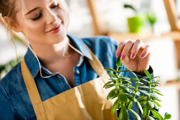 Selective Focus Happy Young Woman Touching Green Fresh Leaves — Stock Photo, Image