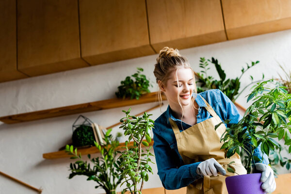 happy woman in gloves transplanting plant in flowerpot 