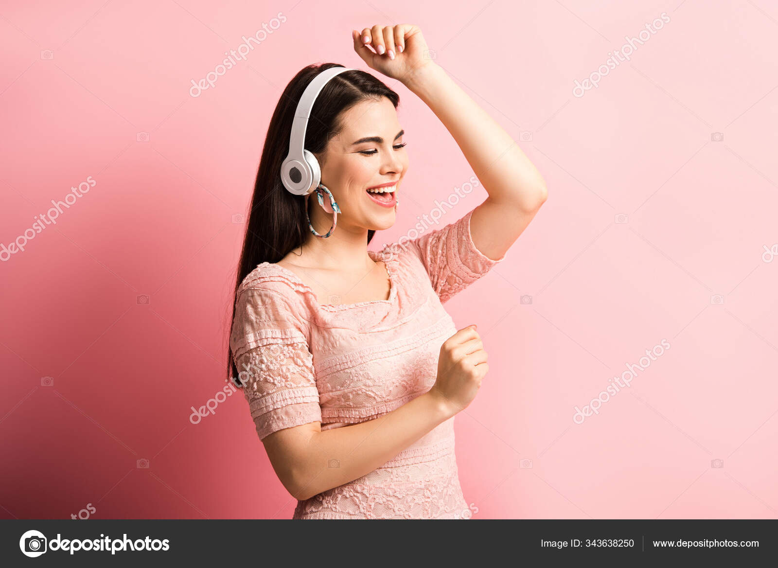 Happy Girl Wireless Headphones Dancing Singing Pink Background — Stock