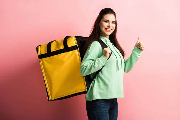 Happy Delivery Woman Showing Thumb While Carrying Thermo Backpack Pink — Stock Photo, Image