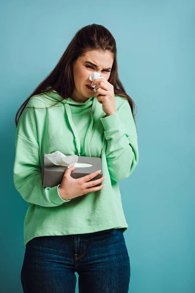 Diseased Girl Wiping Nose Paper Napkin Blue Background — Stock Photo, Image