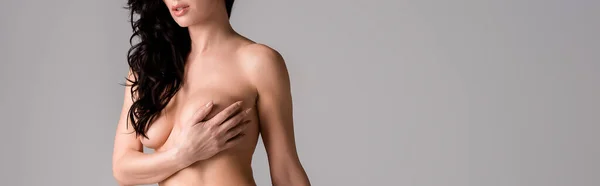 Panoramaaufnahme Von Sexy Und Nackter Frau Isoliert Auf Grau — Stockfoto