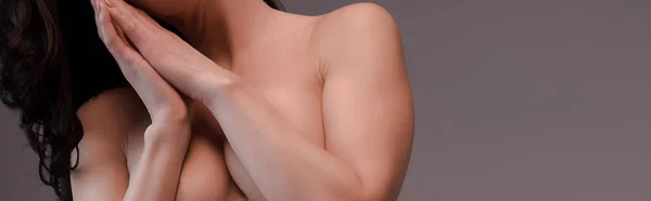 Panoramisch Schot Van Sexy Naakte Vrouw Geïsoleerd Grijs — Stockfoto