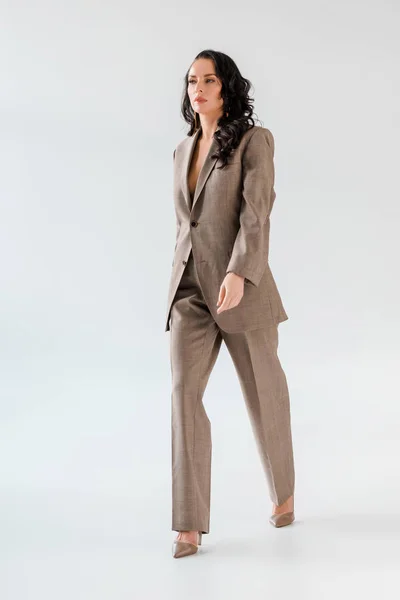 Stylish Attractive Woman Suit Walking Grey Background — Stock Photo, Image