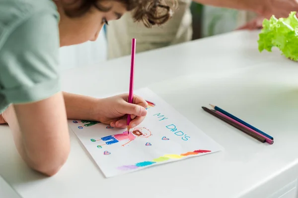 Selective Focus Mixed Race Kid Drawing Picture Dads Lettering — Stock Photo, Image