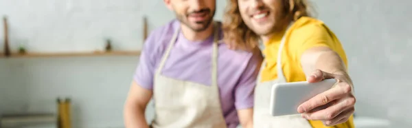 Panoramic Shot Happy Homosexual Men Aprons Taking Selfie — Stock Photo, Image