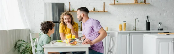 Panoramic Shot Homosexual Parents Cute Mixed Race Son Having Lunch — Stock Photo, Image