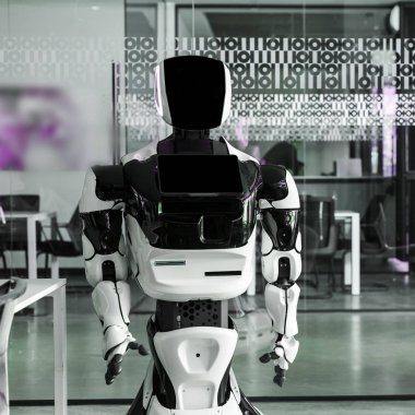 Modern ofisin konferans salonunda duran insansı robot.