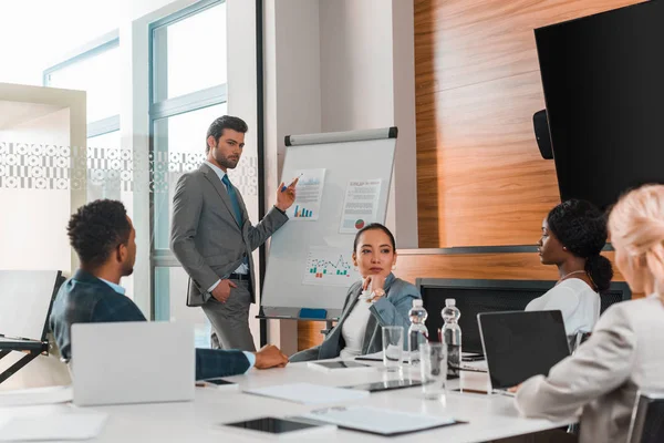 Handsome Businessman Pointing Finger Flipchart Infographics While Multicultural Colleagues Sitting — Stock Photo, Image