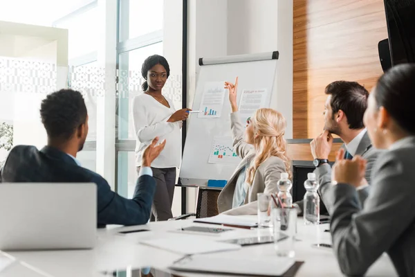 Young Multicultural Businesspeople Looking African American Colleague Standing Flipchart Infographics — Stock Photo, Image