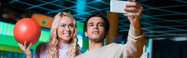 Panoramic Shot Cheerful Girl Holding Bowling Ball While Boyfriend Taking — Stock Photo, Image