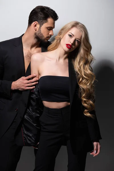 Bearded Man Undressing Attractive Girlfriend Red Lips White — Stock Photo, Image