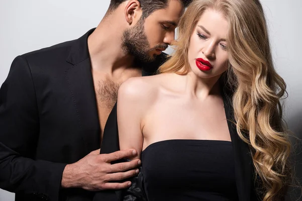 Handsome Man Undressing Beautiful Girlfriend Red Lips White — Stock Photo, Image