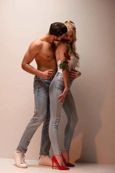 Shirtless Man Holding Rose Kissing Attractive Girl Grey — Stock Photo, Image