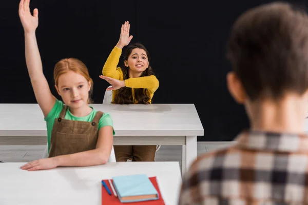 Selective Focus Schoolgirl Raised Hands Classmate Isolated Black — Stock Photo, Image