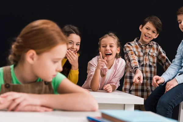 Selective Focus Classmates Laughing Pointing Fingers Schoolgirl Isolated Black Bullying — Stock Photo, Image