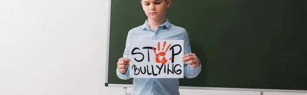 Panoramic Shot Schoolboy Holding Placard Stop Bullying Lettering Chalkboard — Stock Photo, Image