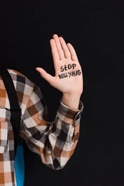 Cropped View Schoolboy Stop Bullying Lettering Hand Isolated Black — Stock Photo, Image