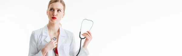 Panoramic Shot Sexy Nurse White Coat Holding Stethoscope Isolated White — Stock Photo, Image