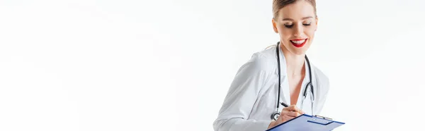 Panoramic Shot Happy Sexy Nurse Writing Prescription While Holding Clipboard — Stock Photo, Image