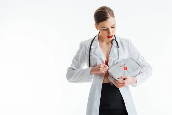 Beautiful Sexy Nurse Opening First Aid Kit Bag Isolated White — Stock Photo, Image