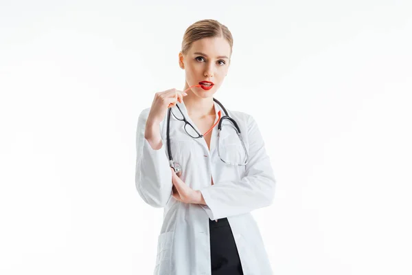 Sexy Nurse Holding Glasses Red Lips Isolated White — Stock Photo, Image