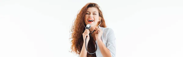 Panoramic Shot Happy Sexy Nurse Using Stethoscope Isolated White — Stock Photo, Image