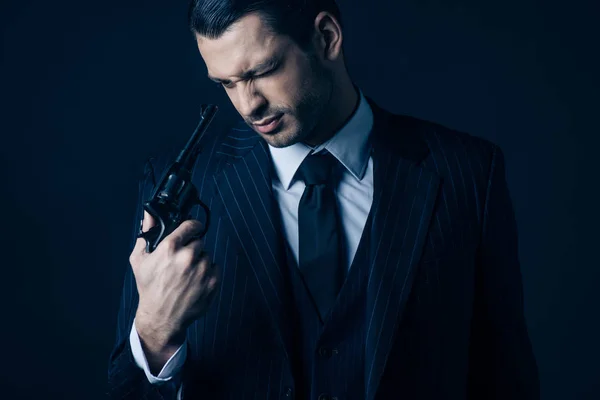 Front View Mafioso Looking Revolver Hand Dark Background — 스톡 사진
