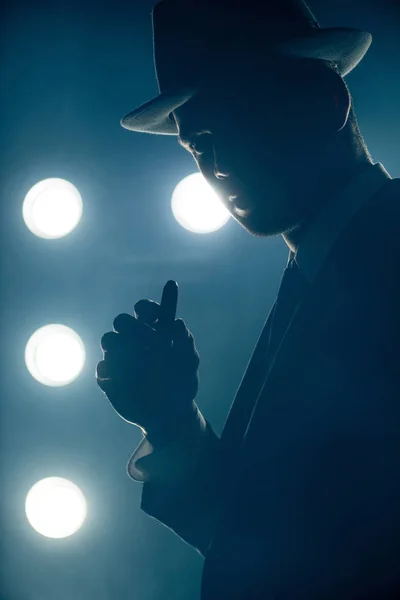 Silhouette Mafioso Holding Cigar Looking Camera Dark Background — Stock Photo, Image