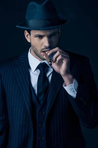 Front View Pensive Mafioso Smoking Cigar Dark Blue Background — Stock Photo, Image