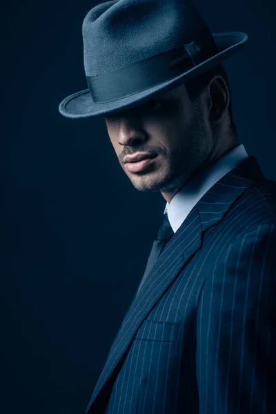 Mafioso Suit Felt Hat Dark Blue Background — 스톡 사진