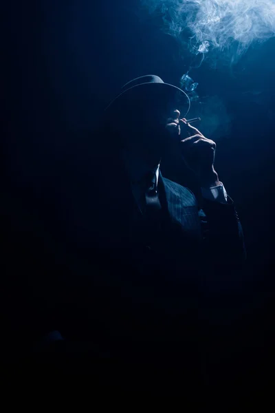 Silhouette Mafioso Smoking Cigarette Dark Background — 스톡 사진