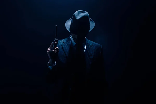 Silhouette Gangster Raising Gun Dark Blue Background — Stock Photo, Image