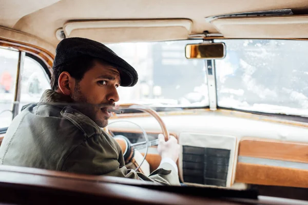 Selective Focus Mafioso Cigarette Holding Steering Wheel Car — Stock Photo, Image