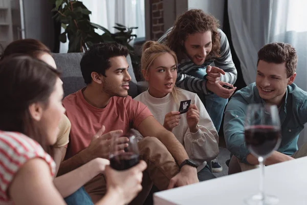 Kyiv Ukraine January 2020 Smiling Friends Playing Mafia Game Glasses — Stock Photo, Image