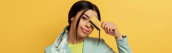 Panoramic Shot Pretty African American Girl Covering Eye Credit Card — Stock Photo, Image