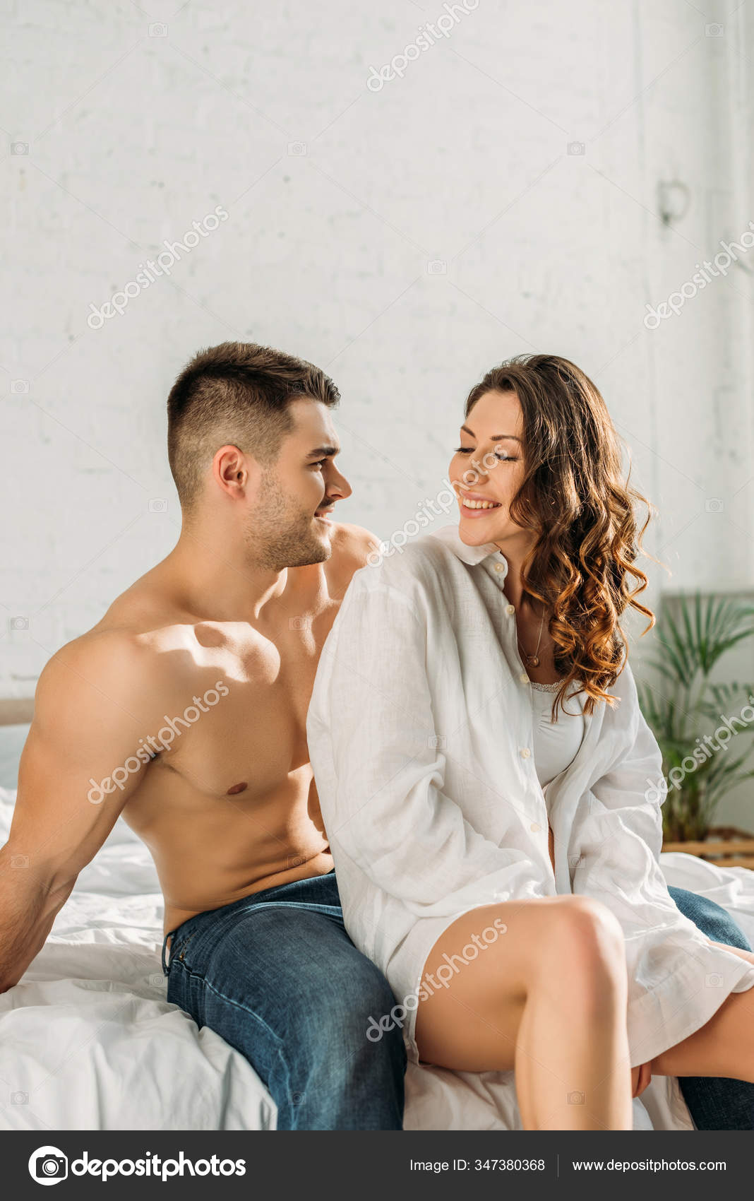 Shirtless Man Jeans Sexy Girl White Shirt Smiling Each Other Stock Photo by ©VitalikRadko 347380368
