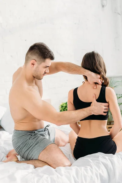 Sexy Man Making Neck Back Erotic Massage Girlfriend Black Top — Stock Photo, Image