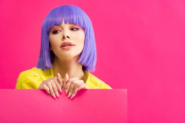 Mor peruklu çekici pop sanatçısı kız elinde boş bir levha, pembe üzerine izole edilmiş.