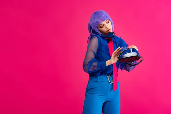 Beautiful Woman Purple Wig Talking Retro Telephone Isolated Pink — Stock Photo, Image