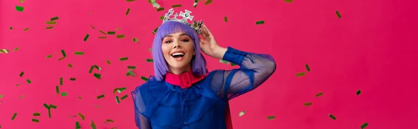 Panoramic Shot Excited Attractive Pop Art Girl Purple Wig Crown — Stock Photo, Image