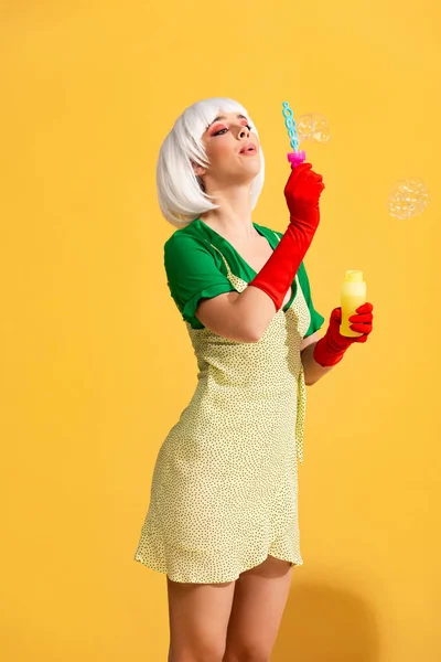 Beautiful Pop Art Girl White Wig Blowing Soap Bubbles Yellow — Stock Photo, Image