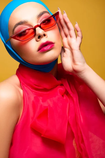 Seductive Fashionable Girl Trendy Scarf Red Sunglasses Isolated Yellow — Stock Photo, Image